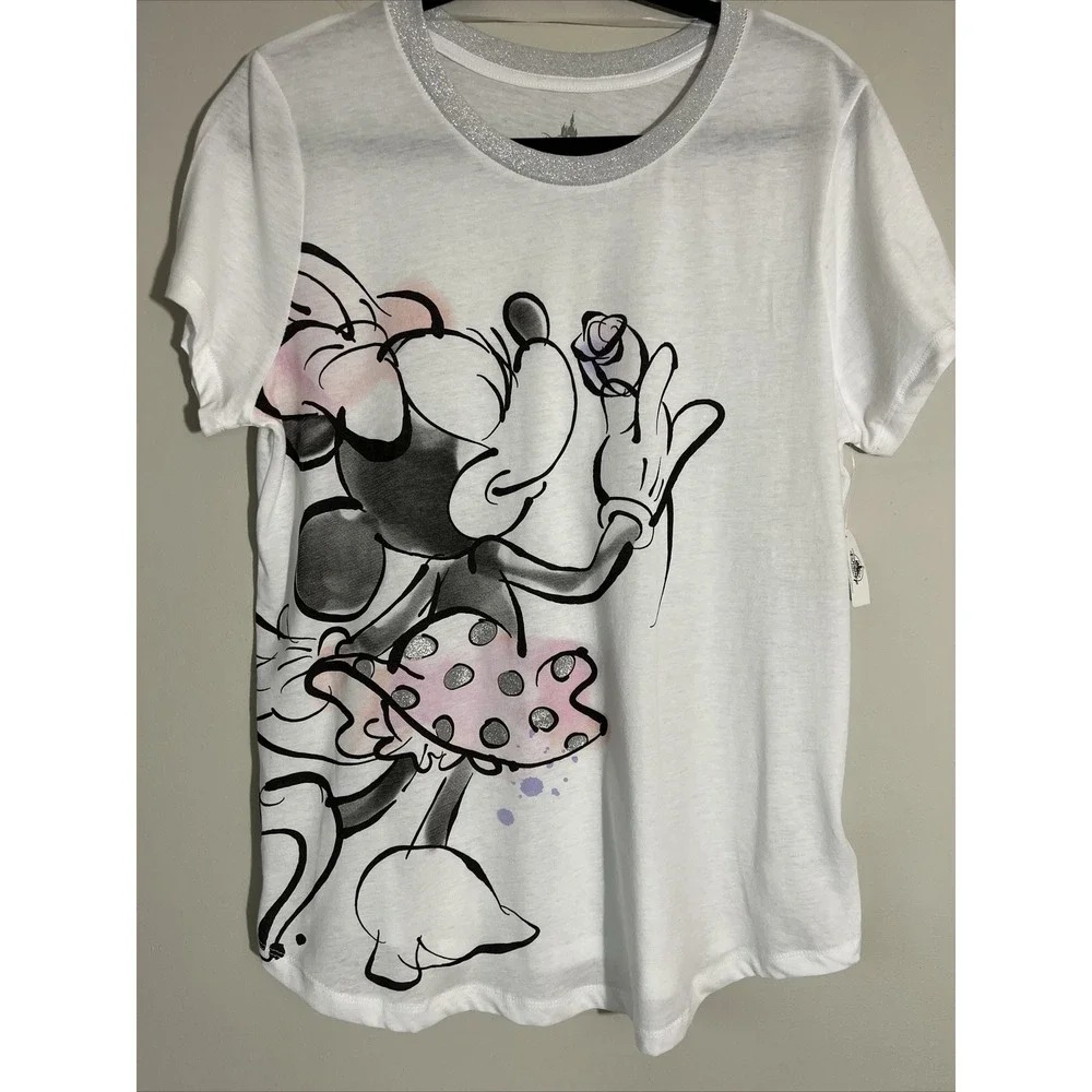 Walt Disney World - Minnie Mouse Tee Shirt Size Large Disney Parks White Glitter